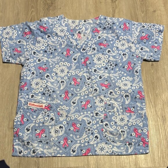 Tops - Cottonmate Breast Cancer Awareness Blue and Pink Patterned Scrub Top